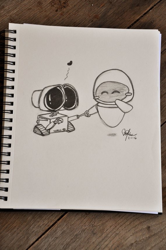570x858 Disney's Wall E And Eve Pencil Drawing Etsy - Wall E Drawing