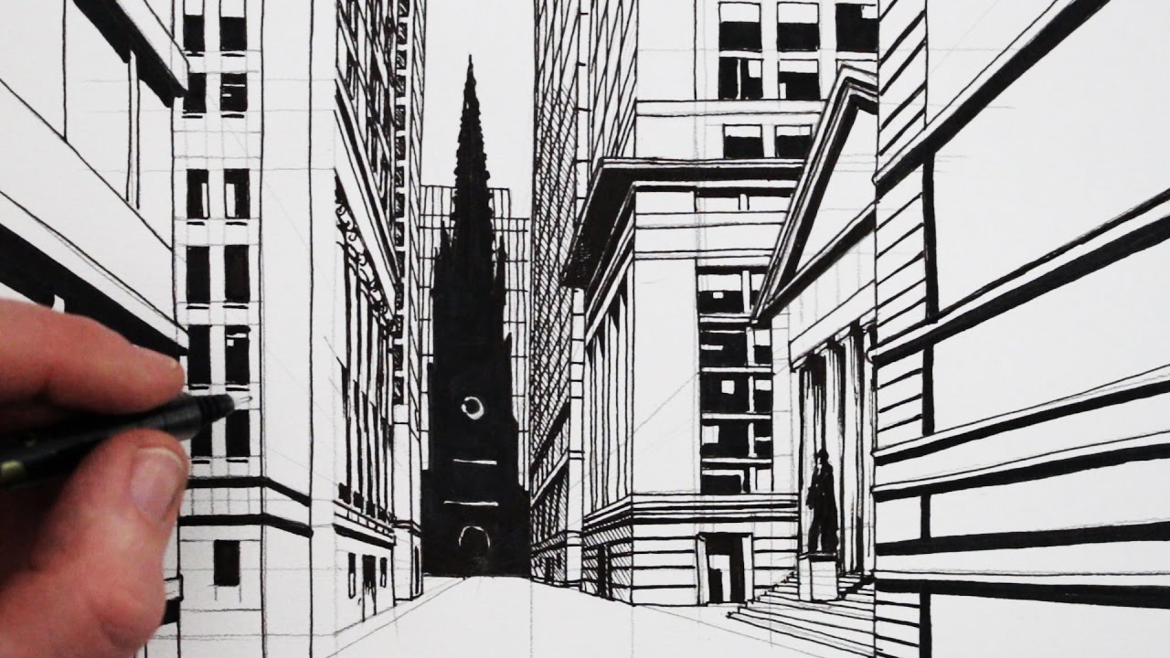 1280x720 How To Draw A Point Perspective Street Draw Wall Street - Wall Street Drawing