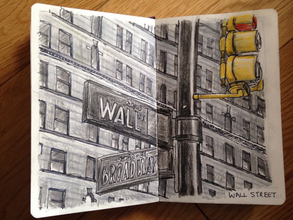 1024x768 Wall Street And Broadway Sign Sketching Urban Sketching - Wall Street Drawing