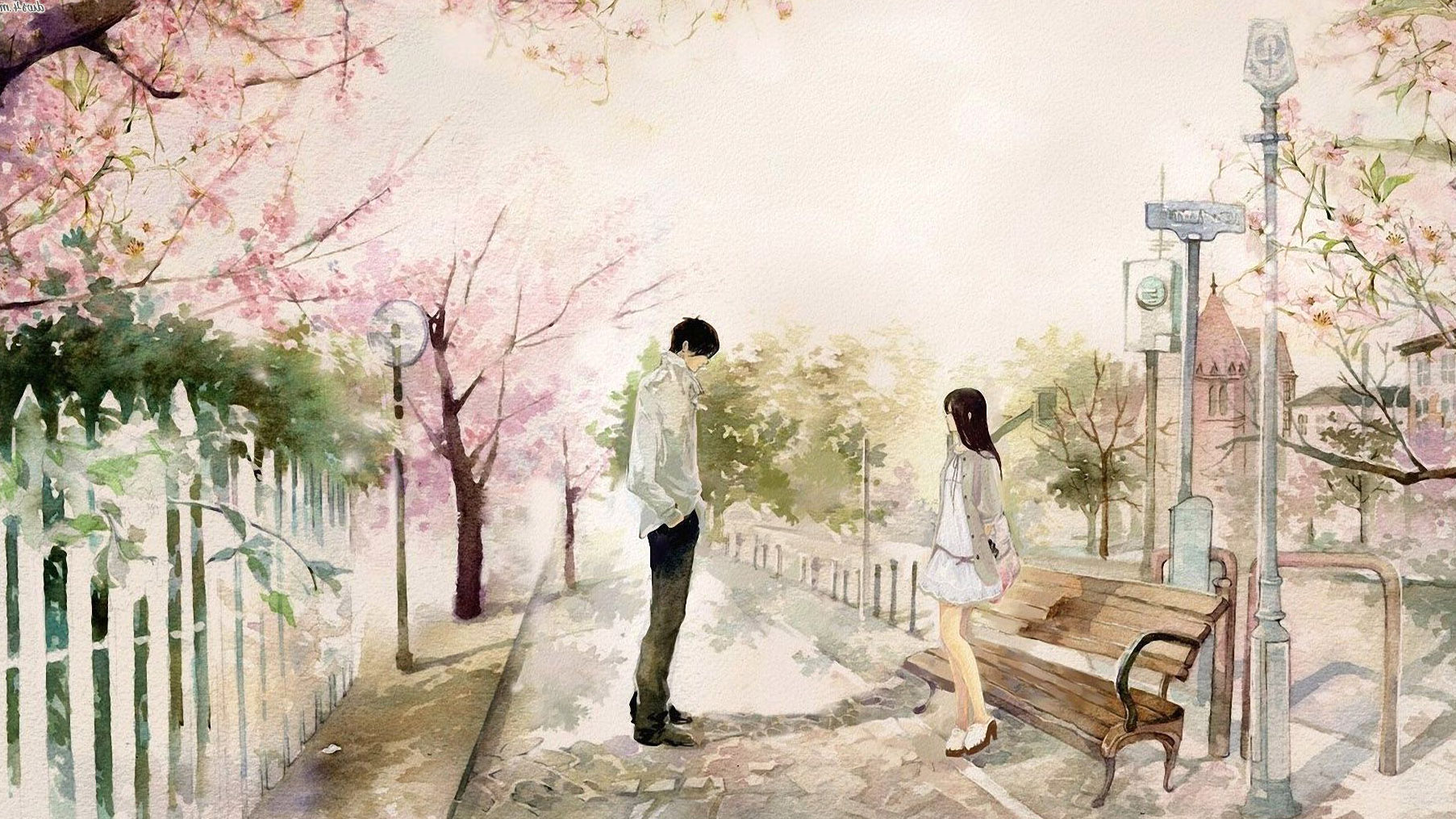 1805x1015 Boy, And, Girl, In, The, Park, Digital, Art, Wallpaper, High - Wallpaper Drawing Art