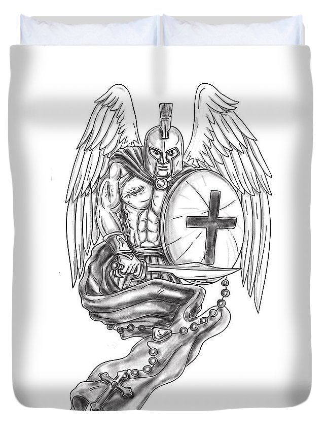 645x853 Spartan Warrior Angel Shield Rosary Tattoo Duvet Cover For Sale - Warrior Angel Drawing