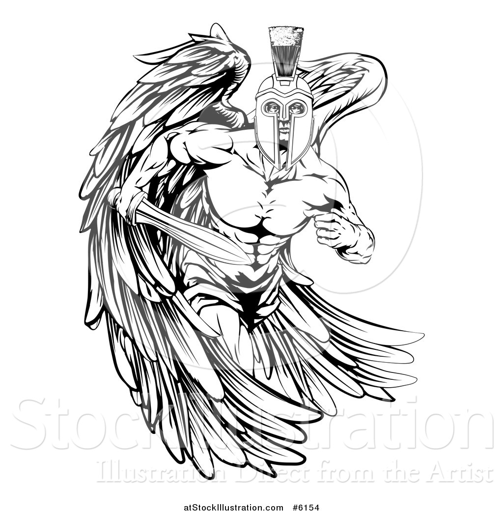 1024x1044 Vector Illustration Of A Black And White Spartan Trojan Warrior - Warrior Angel Drawing