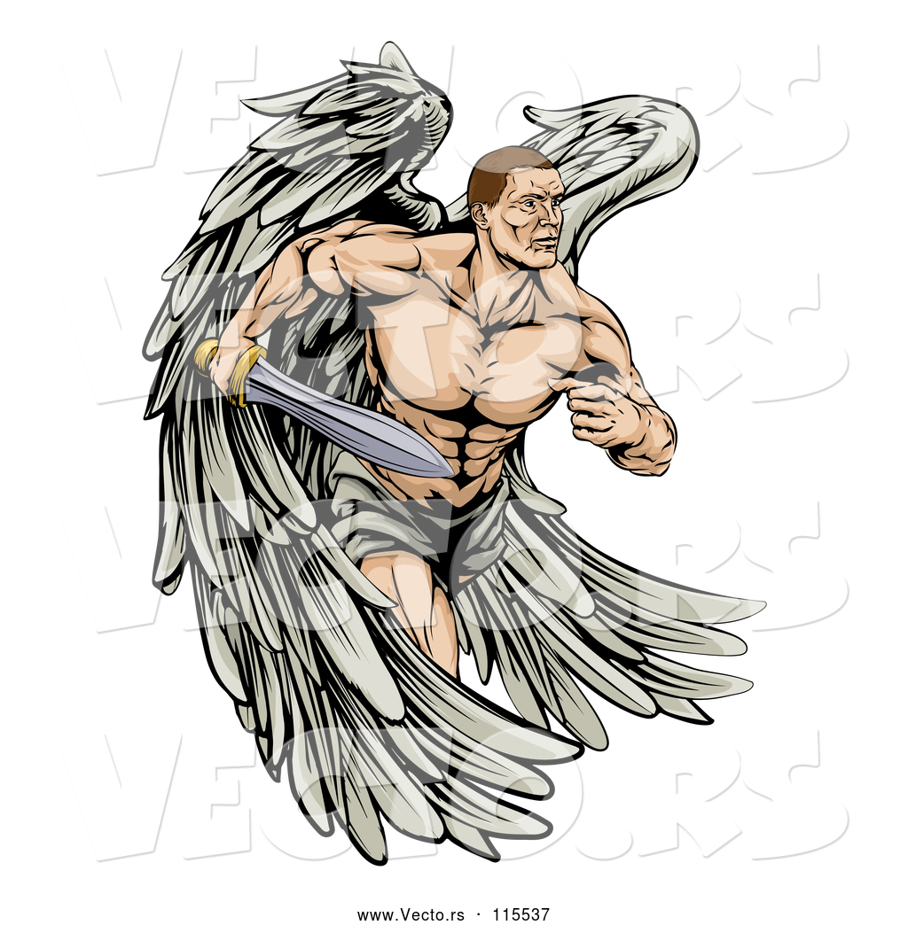 1024x1044 Vector Of Muscular Cartoon Warrior Angel Running With A Sword - Warrior Angel Drawing