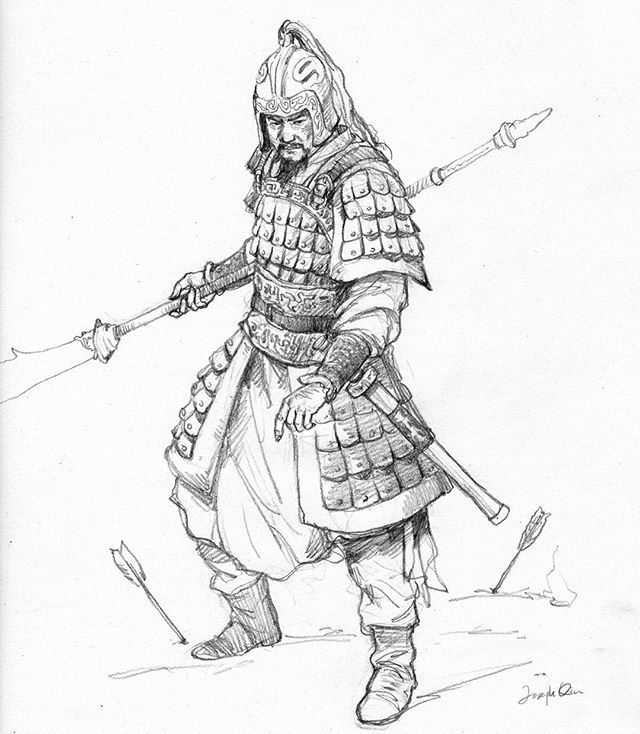 640x734 Ancient Chinese Soldier Morning Warm Up Sketch - Warrior Drawing