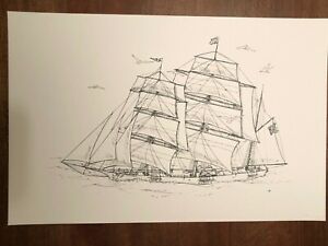 300x225 vintage print of illustration drawing of schooner warship maritime - Warship Drawing