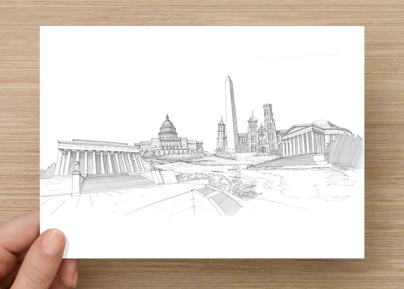 794x567 pen and ink sketch of washington dc monuments lincoln etsy - Washington Monument Drawing