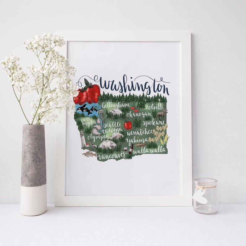 794x794 Washington State Map Drawing Wa Pacific Northwest Wall Art Etsy - Washington State Drawing