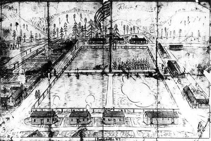 729x489 Fort Colville, Drawing Of Buildings And Grounds, Washington, Ca - Washington State Drawing