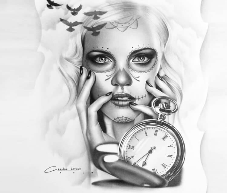 750x640 Muerte + Watch Tattoo Design Drawing - Watch Design Drawing