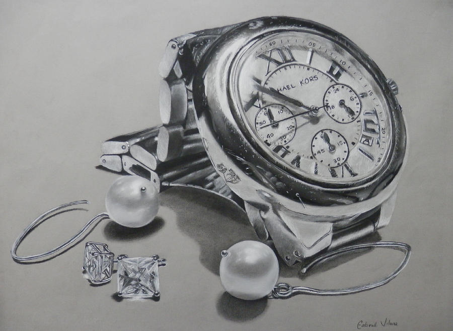 900x659 Watch And Earrings Drawing - Watch Drawing