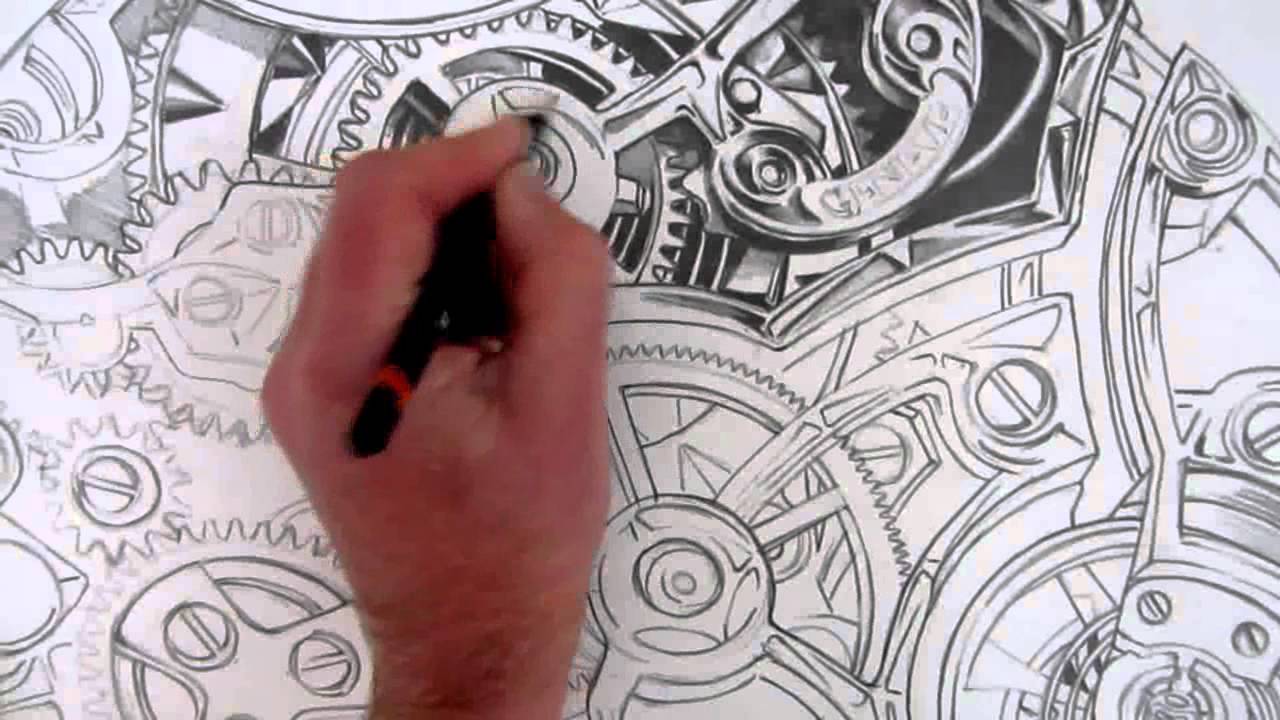 1280x720 How To Draw Realistic Detail Inside A Watch - Watch Gears Drawing