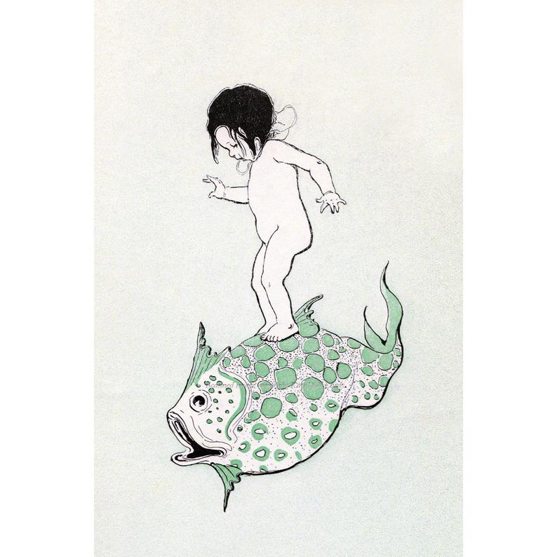 794x794 fairy greeting card water baby rides a fish jessie willcox etsy - Water Fairy Drawing