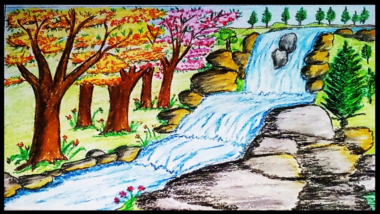 1280x720 how to draw scenery of stream waterfall easily - Water Fall Drawing