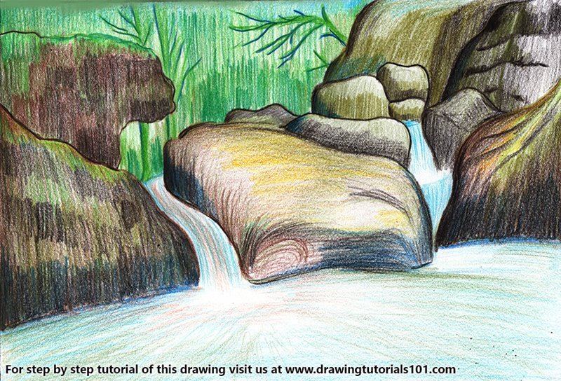 800x544 Learn How To Draw A Waterfall Scenery - Water Fall Drawing