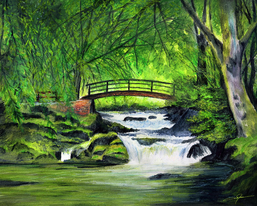 900x720 Bridge And Waterfall Drawing - Water Fall Drawing