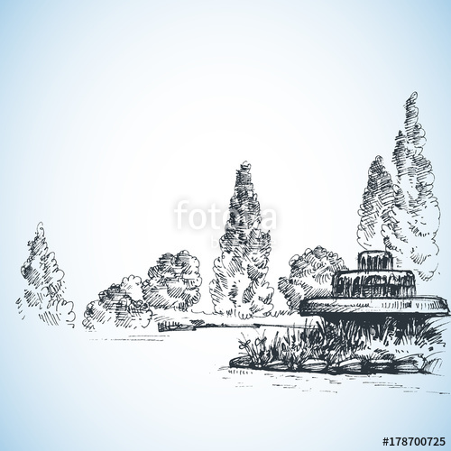 500x500 garden artistic drawing, water fountain and poplars stock image - Water Fountain Drawing