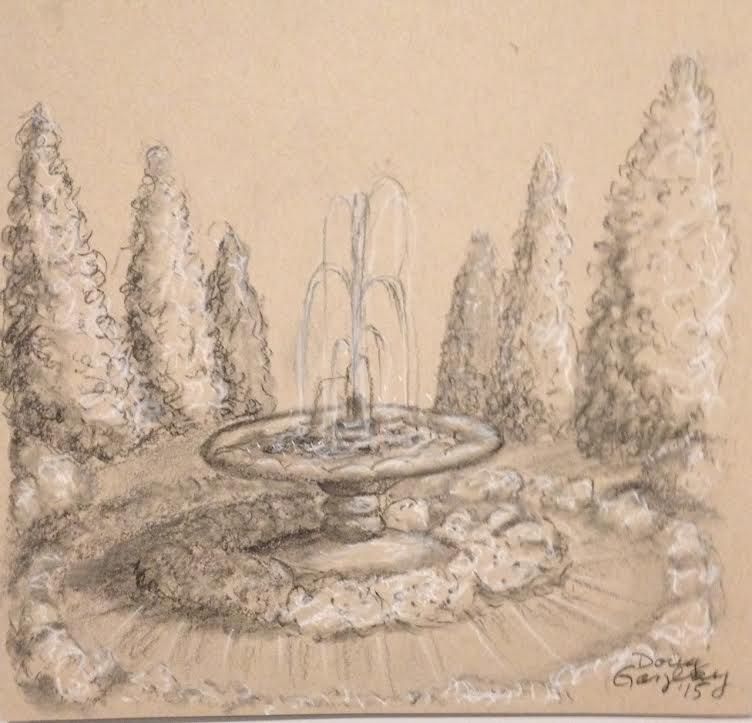 752x723 water fountain' charcoal pencil drawing tan drawing paper - Water Fountain Drawing