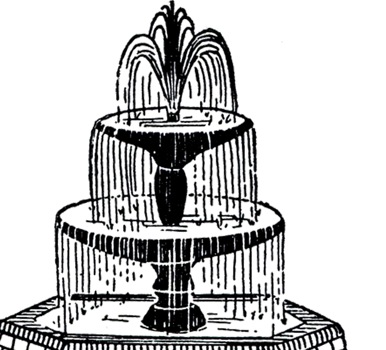 1602x1455 black white fountain nature clipart - Water Fountain Drawing