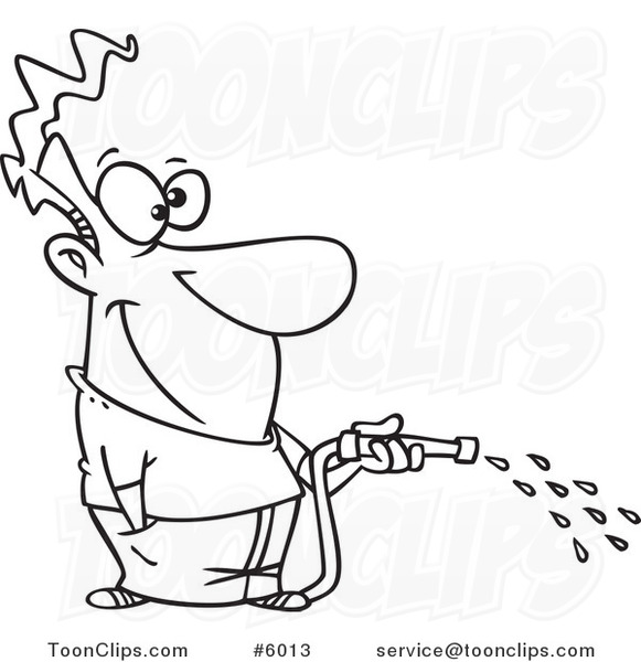 581x600 cartoon black and white line drawing of a guy using a garden hose - Water Hose Drawing