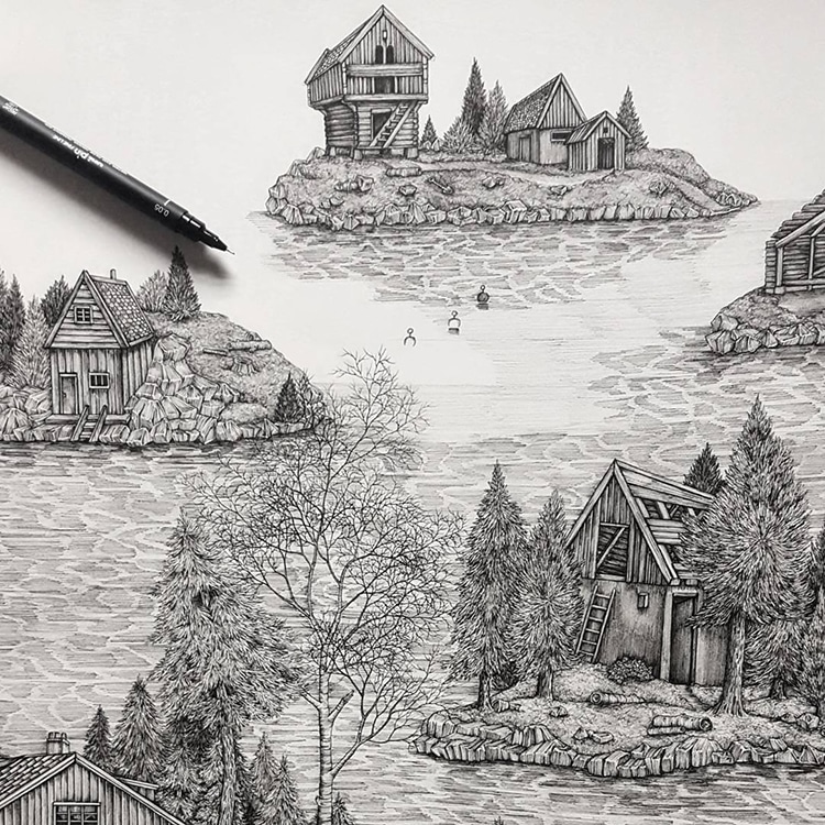 750x750 artist creates detailed pen and ink drawings of imaginary landscapes - Water Ink Drawing