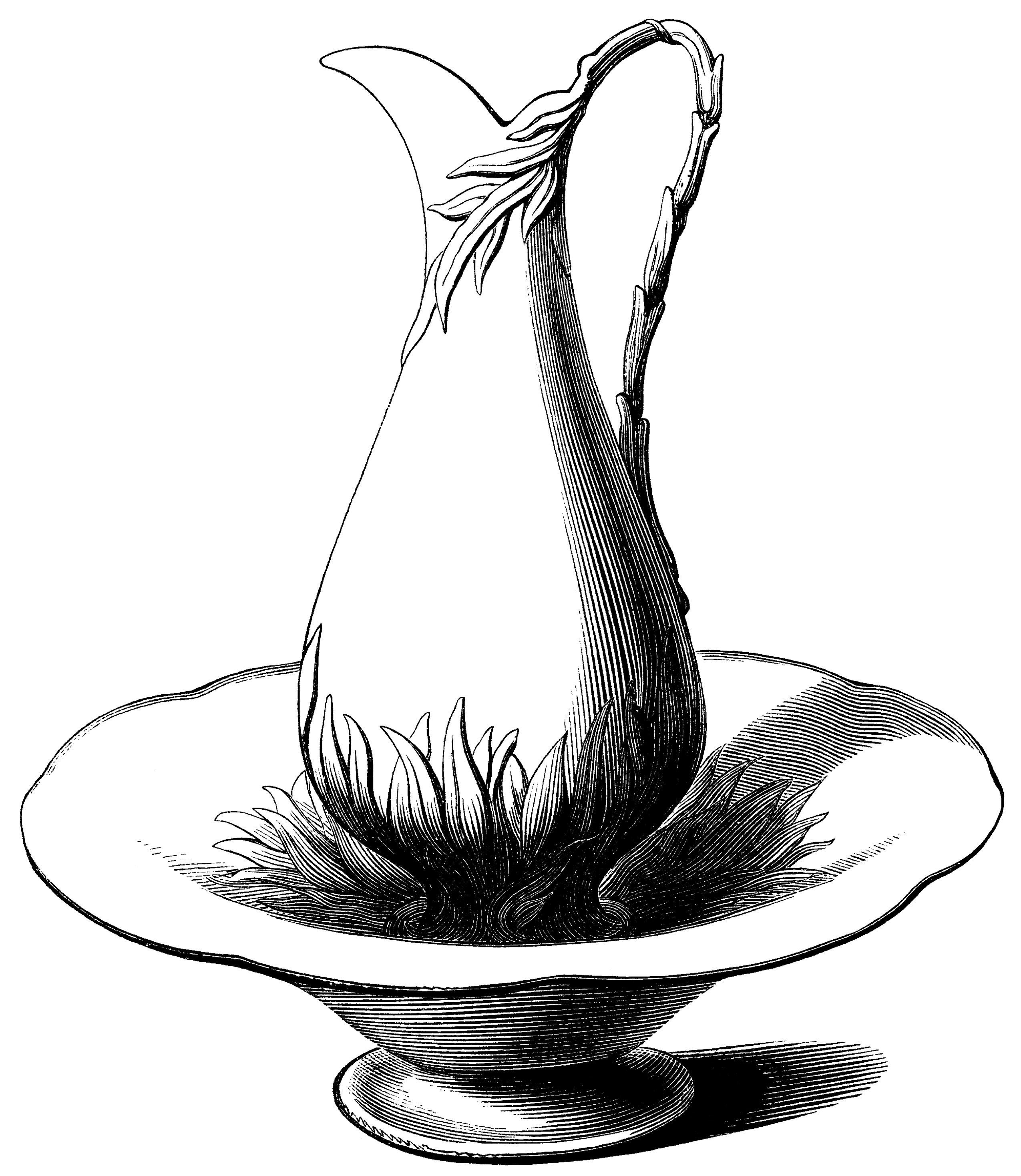 2550x2937 victorian pitcher basin, vintage jug clip art, black and white - Water Jug Drawing