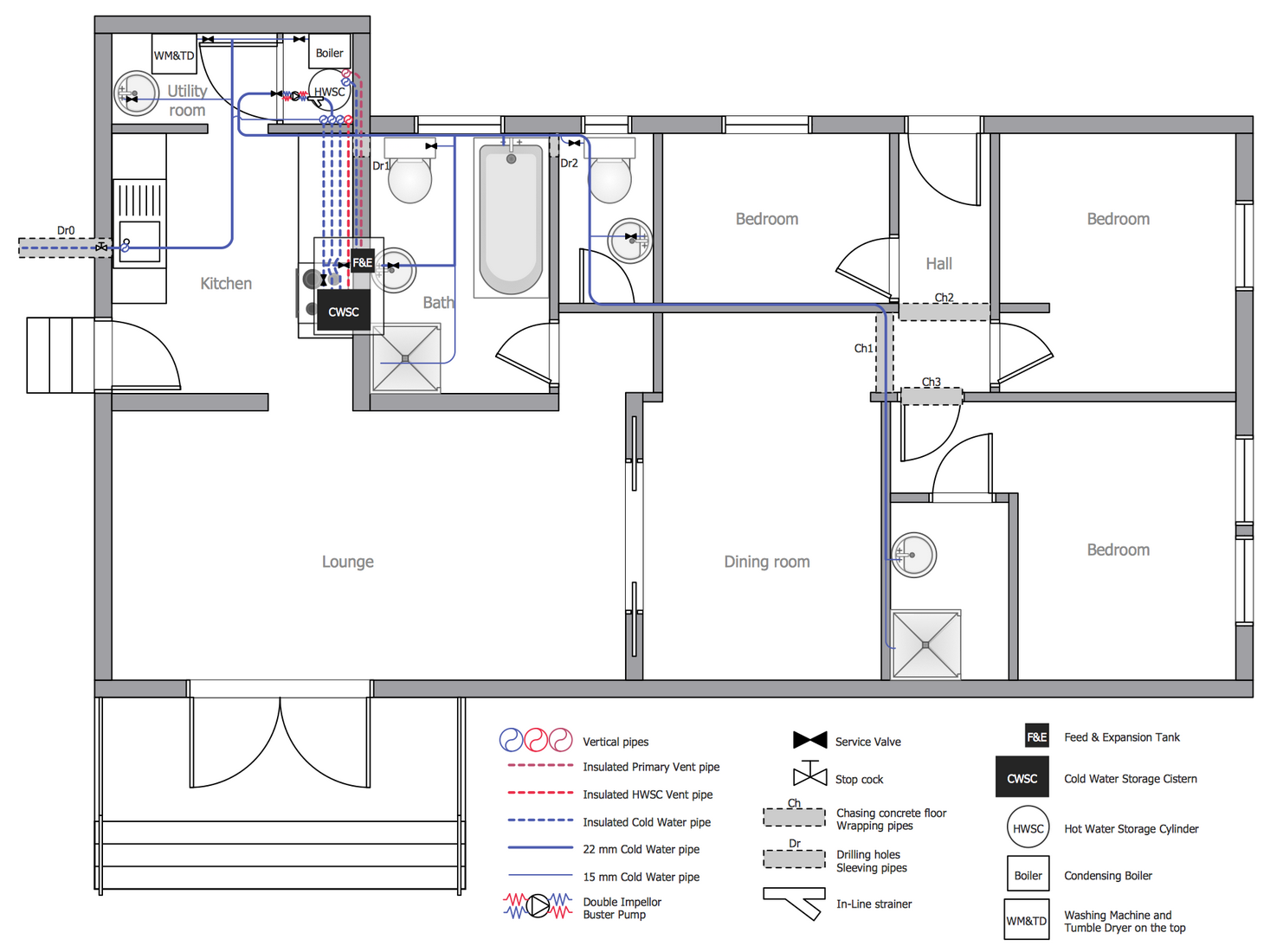 1467x1100 plumbing and piping plans solution - Water Line Drawing