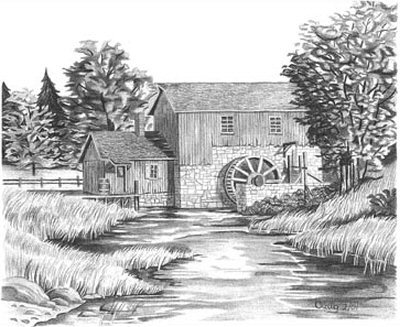 400x327 water mill pencil sketch - Water Mill Drawing