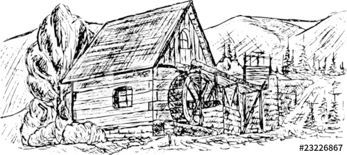 500x224 vector - Water Mill Drawing