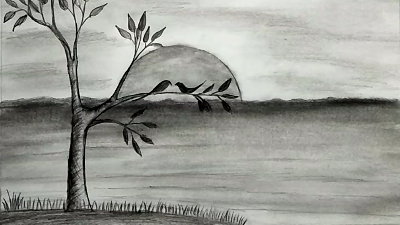 1280x720 Sunset Scenery Pencil Drawing Tutorial For Kids - Water Pencil Drawing