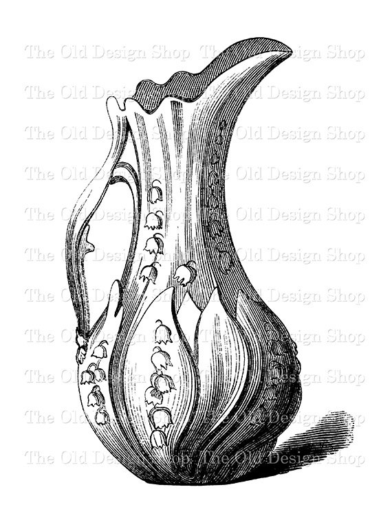 570x738 Vintage Water Jug Clip Art Lily Of The Valley Pattern Digital - Water Pitcher Drawing