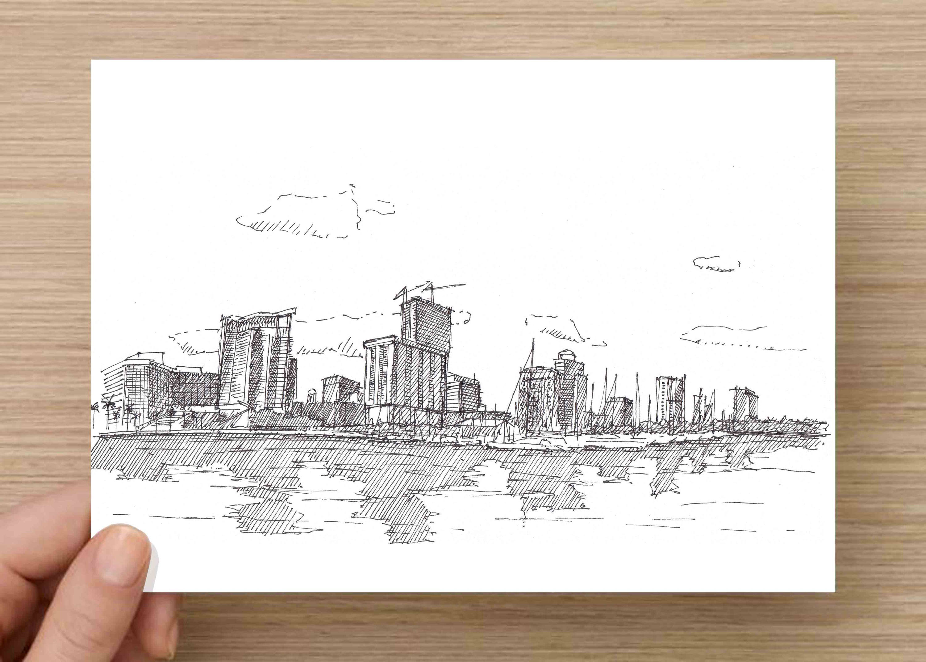 3000x2143 Ink Drawing Of St Petersburg Skyline - Water Reflection Drawing