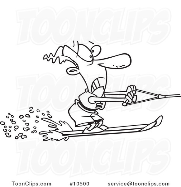 581x600 cartoon black and white line drawing of a water skiing guy - Water Ski Drawing