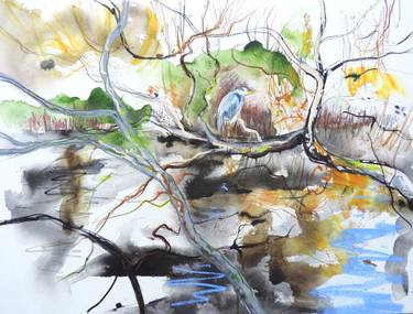375x285 heron over the water drawing - Water Stream Drawing