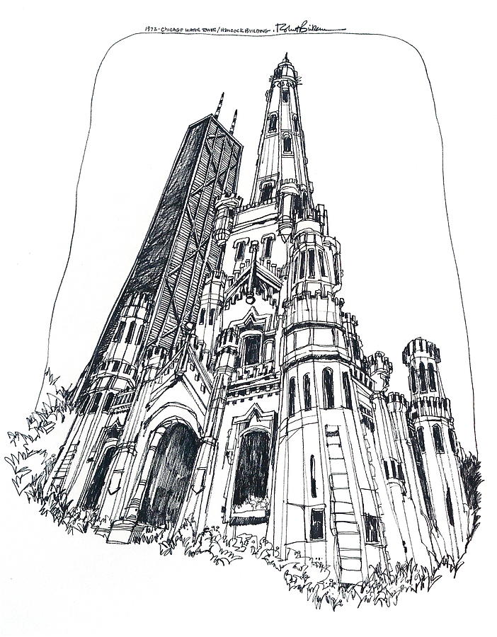 702x900 chicago water tower and hancock bldg drawing - Water Tower Drawing