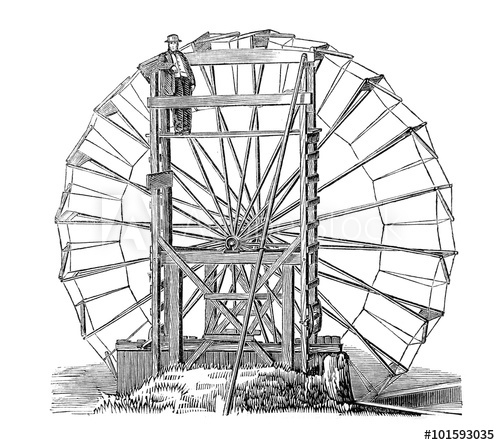 500x445 vintage drawing of water wheel invention - Water Wheel Drawing