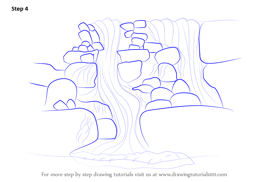 843x596 learn how to draw a rocky waterfall - Waterfall Cartoon Drawing