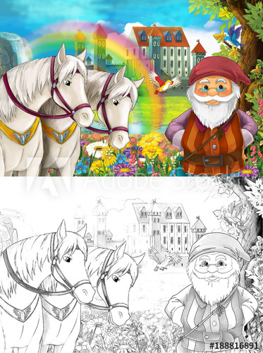 373x500 cartoon scene with dwarf near some beautiful rainbow waterfall - Waterfall Cartoon Drawing