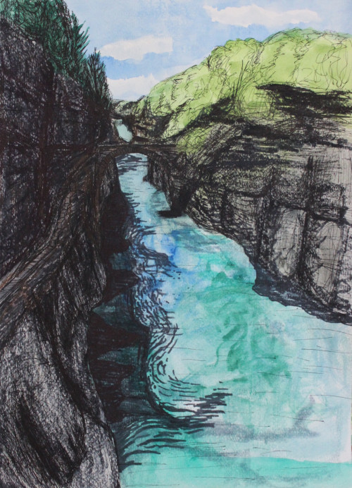 500x692 watercolor landscape waterfall drawing painting original - Waterfall Drawing