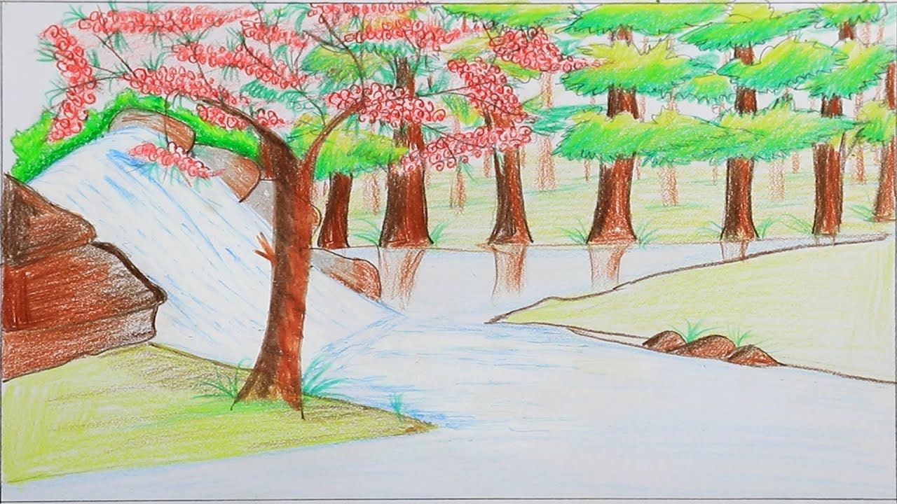 waterfall drawing for kids