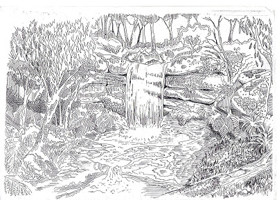 400x290 Simon Coates' Traditional Illustrations Drawing Lessons - Waterfall Line Drawing