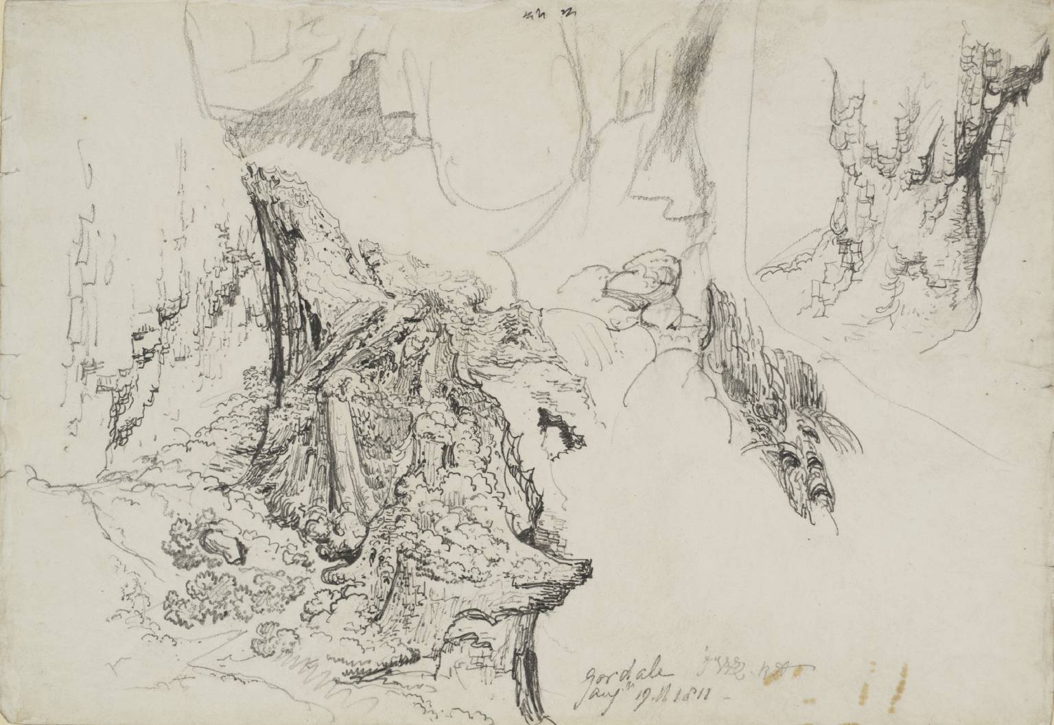 1536x1057 study for 'gordale scar' details of rocks near waterfall', james - Waterfall Line Drawing