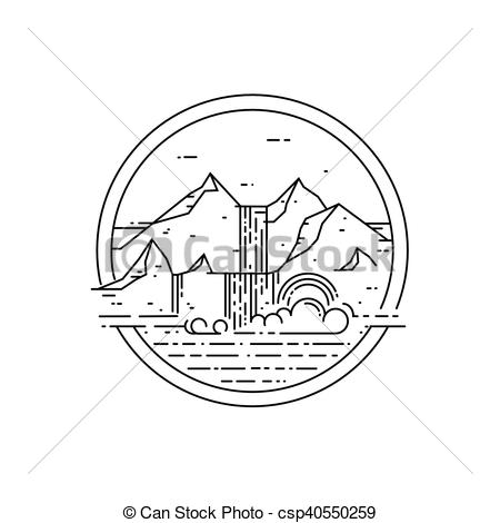 450x470 Vector Line Emblem With Mountain Landscape And Waterfall Rainbow - Waterfall Line Drawing