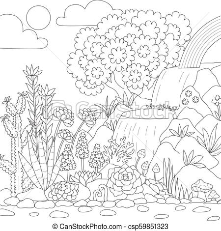 450x470 waterfall and rainbow line art of waterfall with beautiful - Waterfall Line Drawing