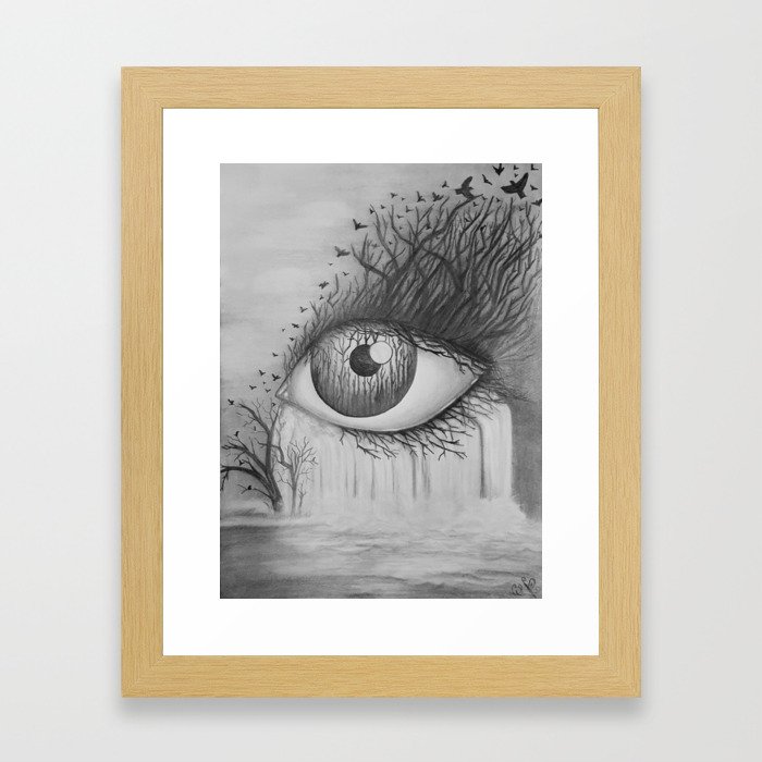 700x700 Eye With Waterfall Pencil Drawing Framed Art Print - Waterfall Pencil Drawing