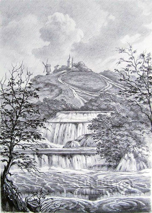pencil scenery waterfall drawing