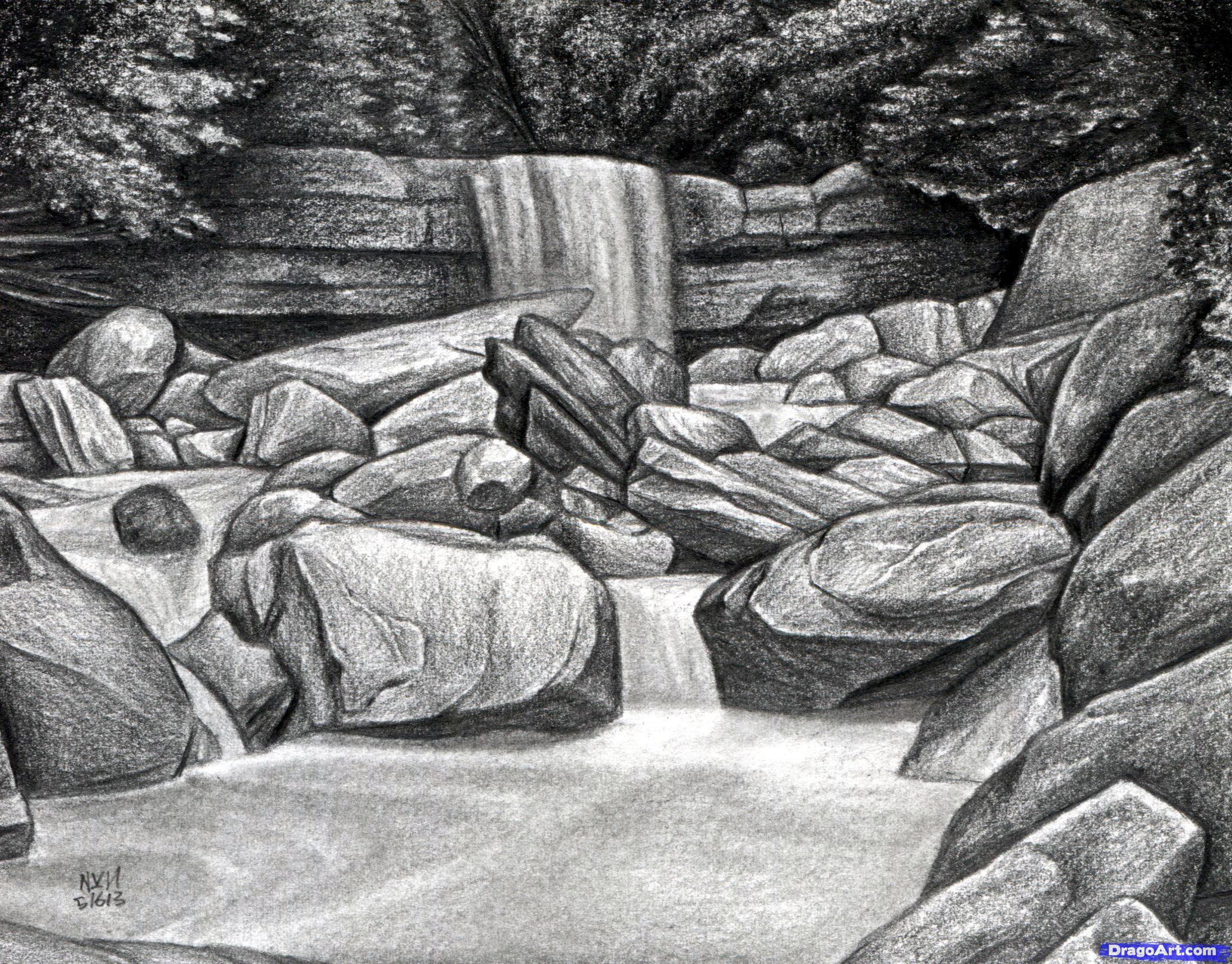 Waterfall Pencil Sketch - How To Draw A Realistic Waterfall With Pencil ...