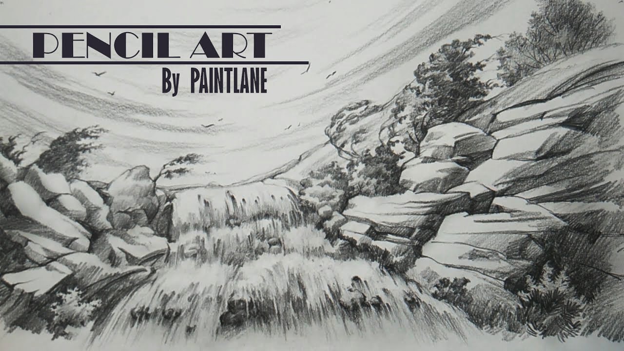1280x720 Waterfall In A Wind Landscape With Pencil Pencil Shading - Waterfall Pencil Drawing