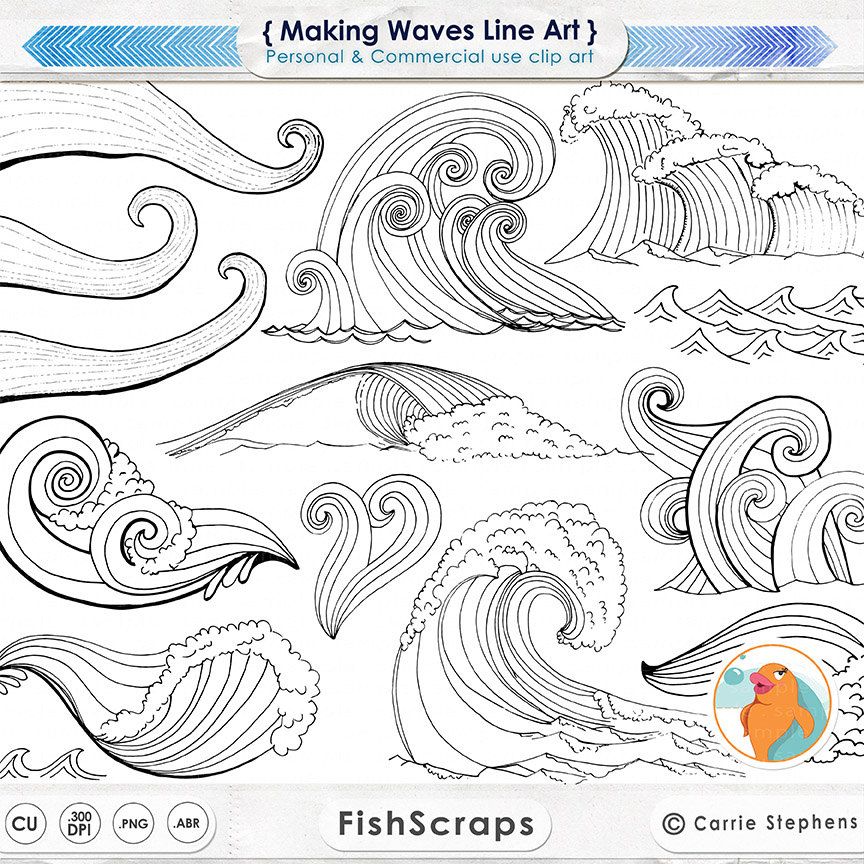 864x864 Wave Line Art + Silhouettes, Water Clip Art, Coastal Clipart - Wave Line Drawing