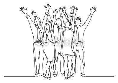 400x283 continuous line drawing of standing office team cheering waving - Waving Hand Drawing