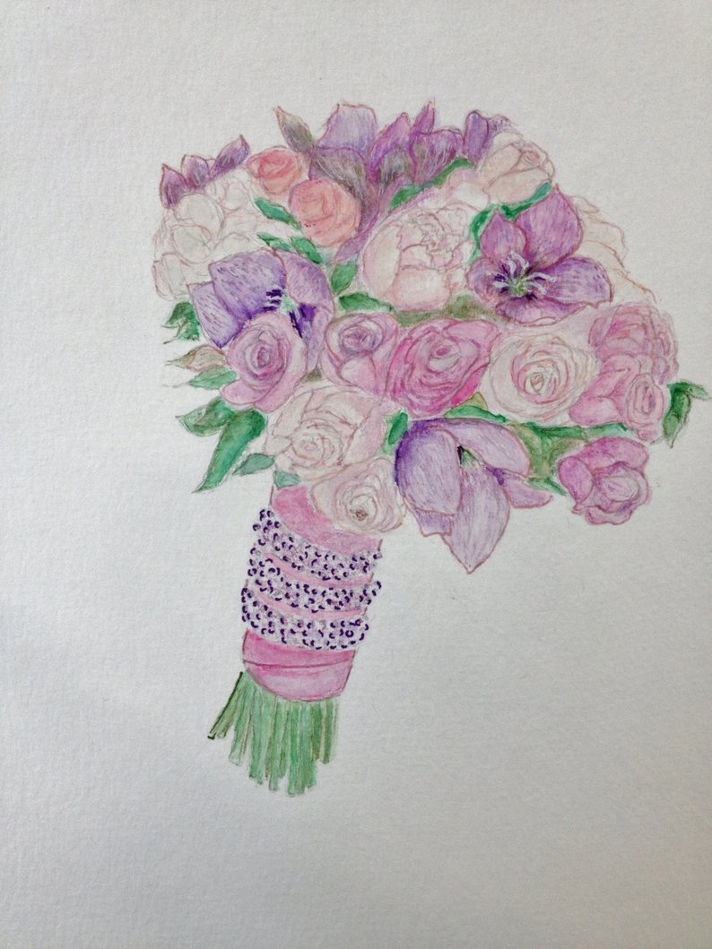794x1059 custom watercolor wedding bouquet drawing paper anniversary etsy - Wedding Bouquet Drawing